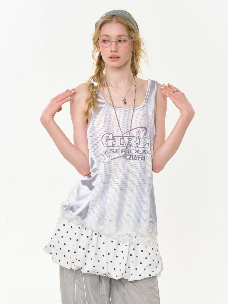 Sporty Letter Print Jersey Lace Hem Tank Top【s0000013011】