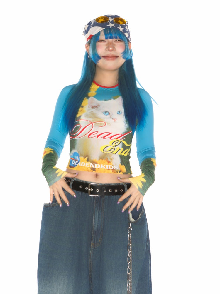 Cat Pattern Graphic Long sleeved Cropped T-Shirt【s0000011788】