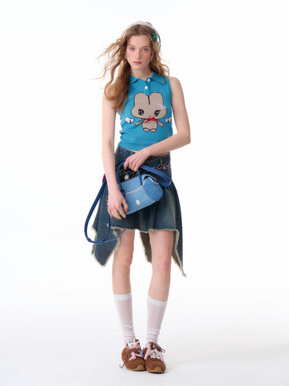 Cartoon Pattern Bow Polo Neck Knitted Vest【s0000011920】