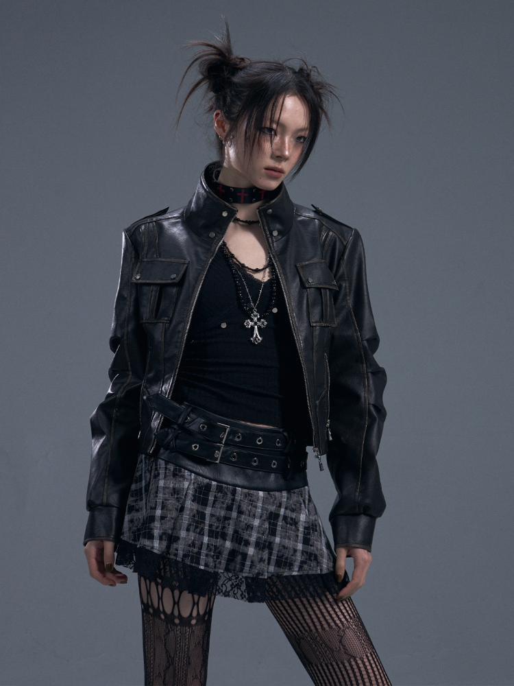 Punk Fake Leather Stand Collar Cropped  Riders Jacket【s0000011877】
