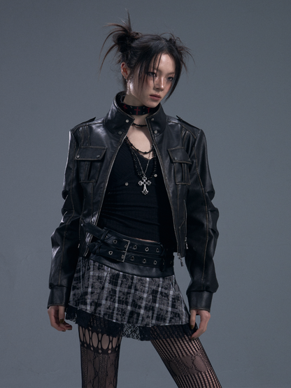 Punk Fake Leather Stand Collar Cropped  Riders Jacket【s0000011877】