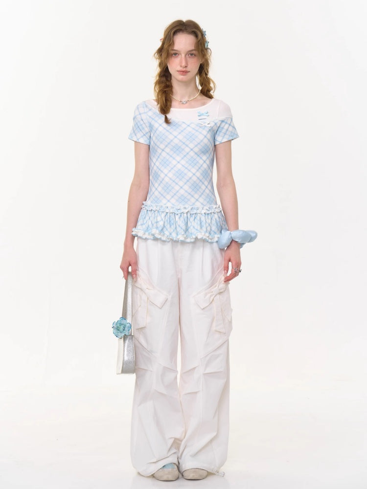 Ruffle Hem Faux Two Piece Bow Plaid Crew Neck Short Sleeve T-Shirt【s0000013004】