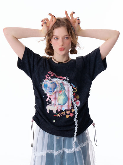 Rabbit Print Three Dimensional Lace Loose Crew Neck Short Sleeve T-Shirt【s0000011755】