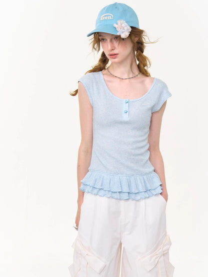 Ruffle Hem Henley Neck French Sleeve T-Shirt 【s0000013006】