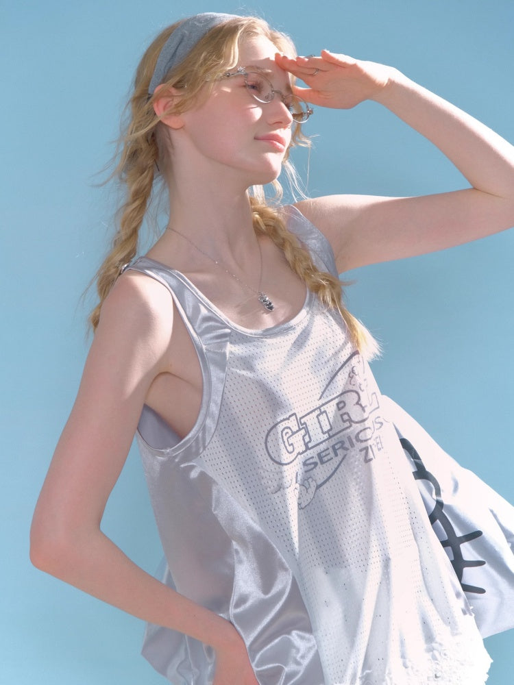 Sporty Letter Print Jersey Lace Hem Tank Top【s0000013011】