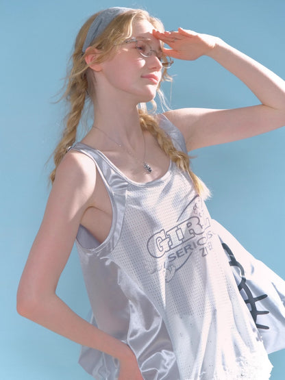 Sporty Letter Print Jersey Lace Hem Tank Top【s0000013011】