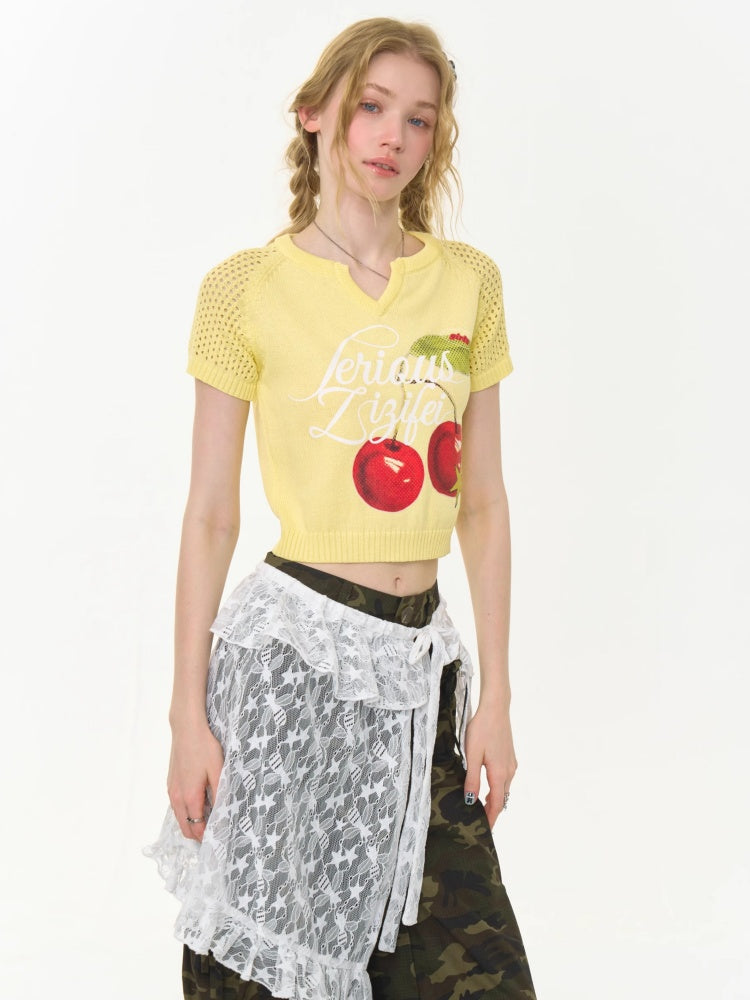 Cut Out Crop Cherry Print V-Neck Short Sleeve T-Shirt【s0000013007】