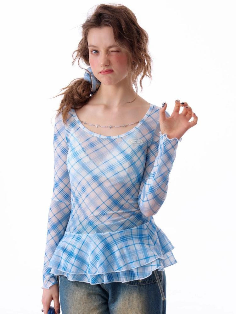 Semi Sheer Blue Plaid Hem Ruffles Long Sleeve T-Shirt【s0000011922】