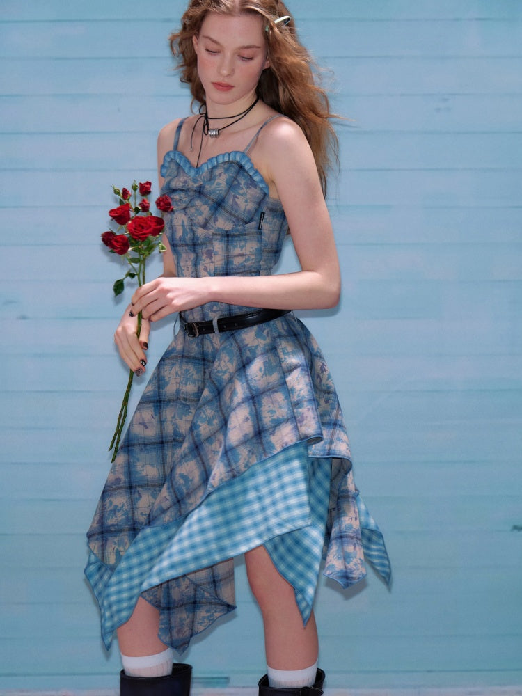 Asymmetric Hem Gingham Check Pattern Flare Camisole Dress【s0000011749】