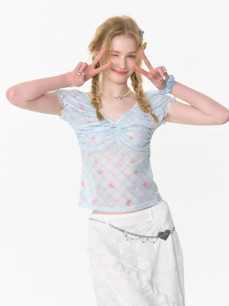Big Gather V-Neck Plaid Puff Sleeve T-Shirt【s0000013005】