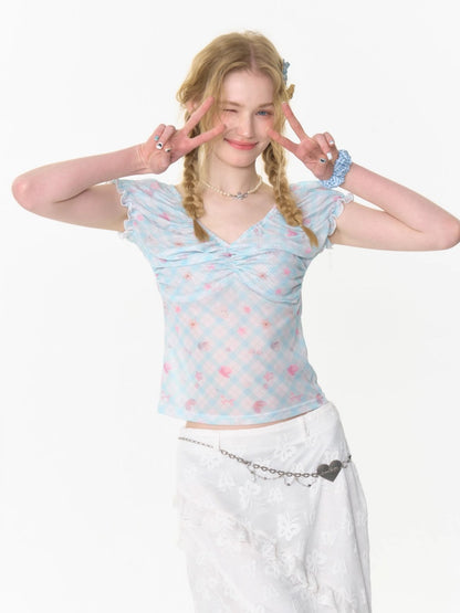 Big Gather V-Neck Plaid Puff Sleeve T-Shirt【s0000013005】