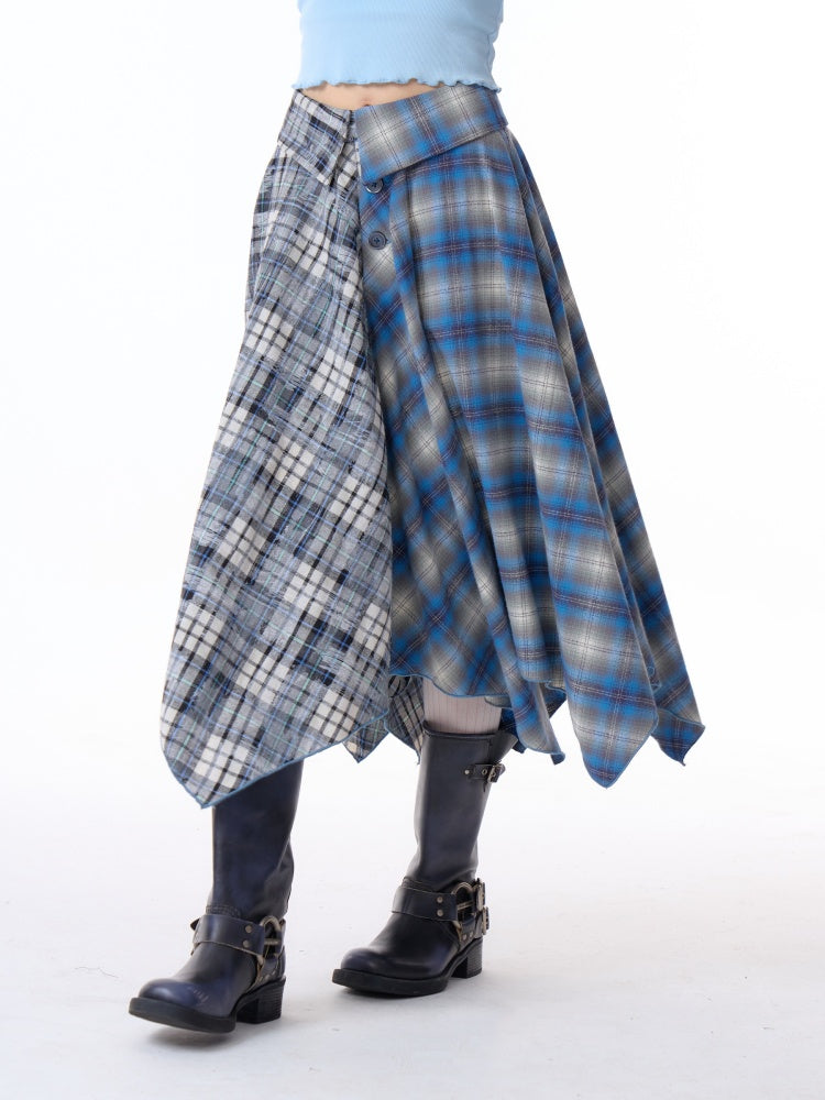 Irregular Contras Plaid High Waist Midi Long Skirt【s0000011753】