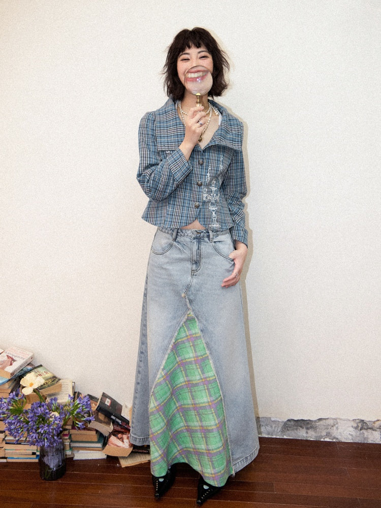 Candlesticks Embroidered Stacked Collar Plaid Short Jacket【s0000011909】