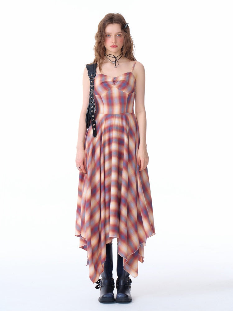 Cinched Waist Red Check Irregular Suspender Dress【s0000011911】