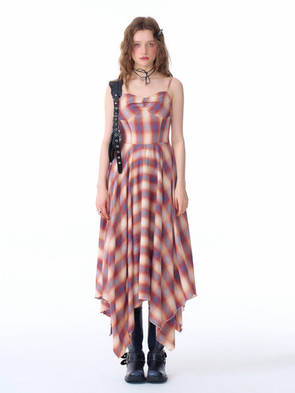 Cinched Waist Red Check Irregular Suspender Dress【s0000011911】