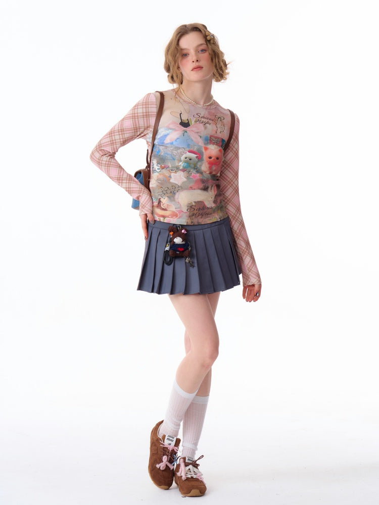 Pink Check Rabbit Print Slim Long Sleeved T-Shirt【s0000011921】