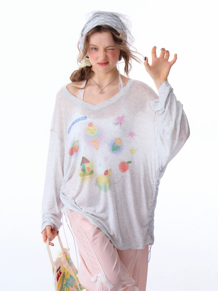 Drawstring Print Semi Sheer Loose V-Neck Long Sleeved T-Shirt【s0000011751】