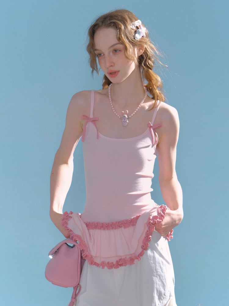 Ruffle Lace Pleated Hem Bow Camisole【s0000013008】