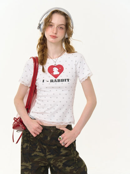 Polka Dot Star Heart Rabbit Print Crew Neck Short Sleeve T-Shirt【s0000013012】