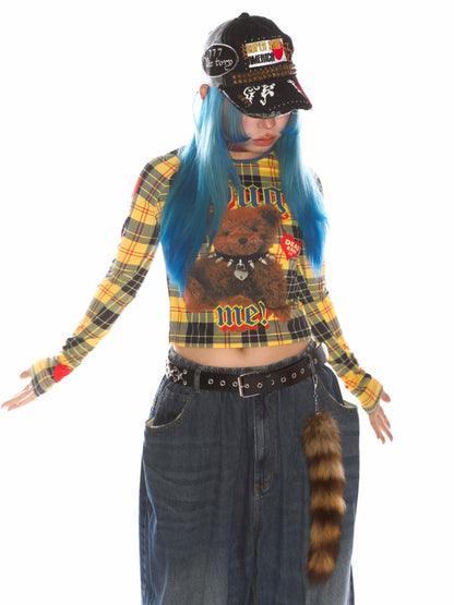 Teddy Bear Graphic Check Long Sleeve Cropped T-Shirt【s0000011777】