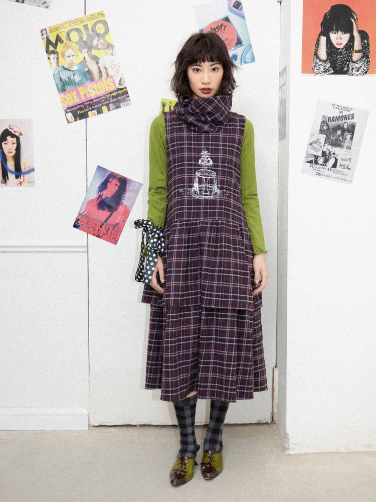 Plaid Embroidery Sleeveless Tiered Long Dress【s0000011898】