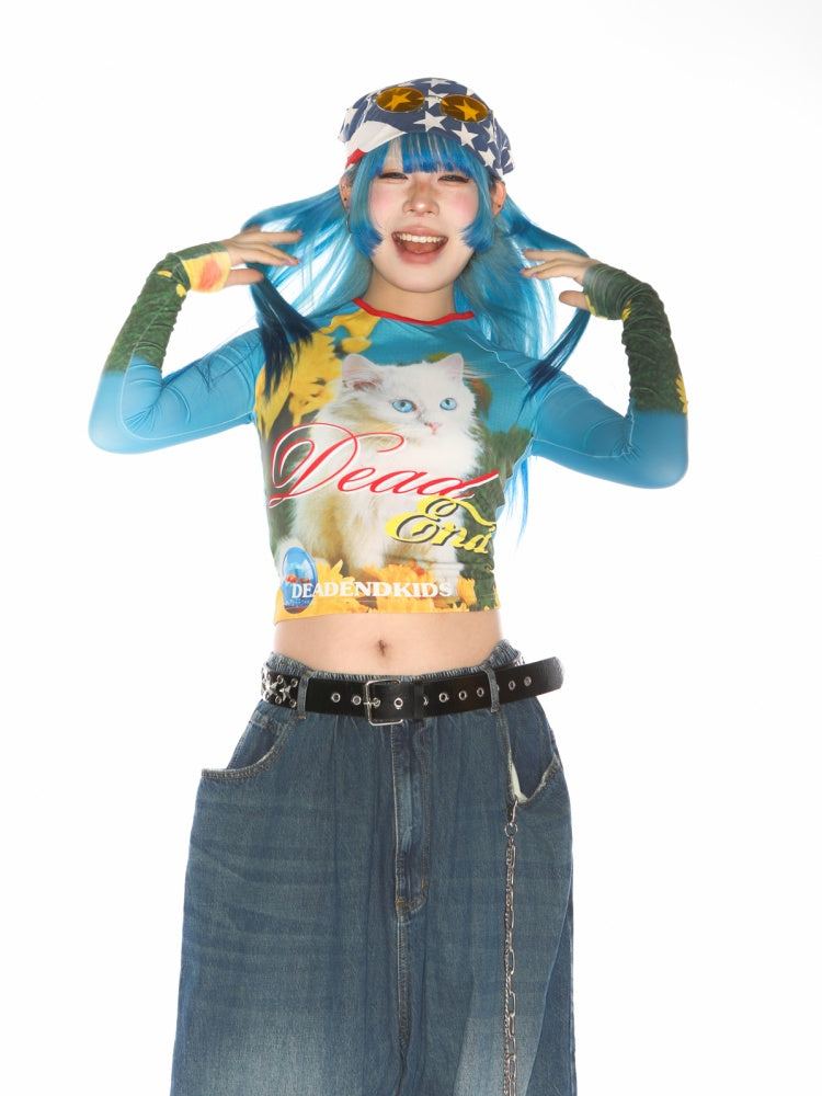 Cat Pattern Graphic Long sleeved Cropped T-Shirt【s0000011788】