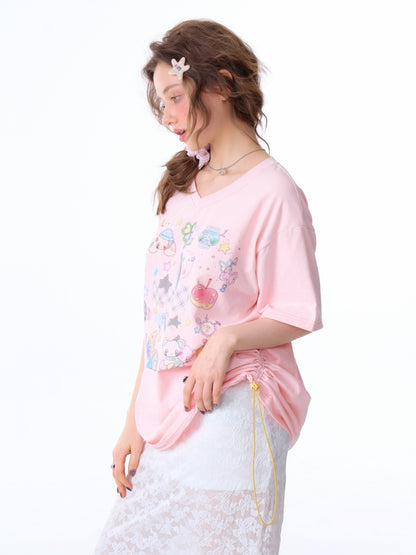 Cartoon Print Pattern V-Neck Short Sleeve T-Shirt【s0000011914】