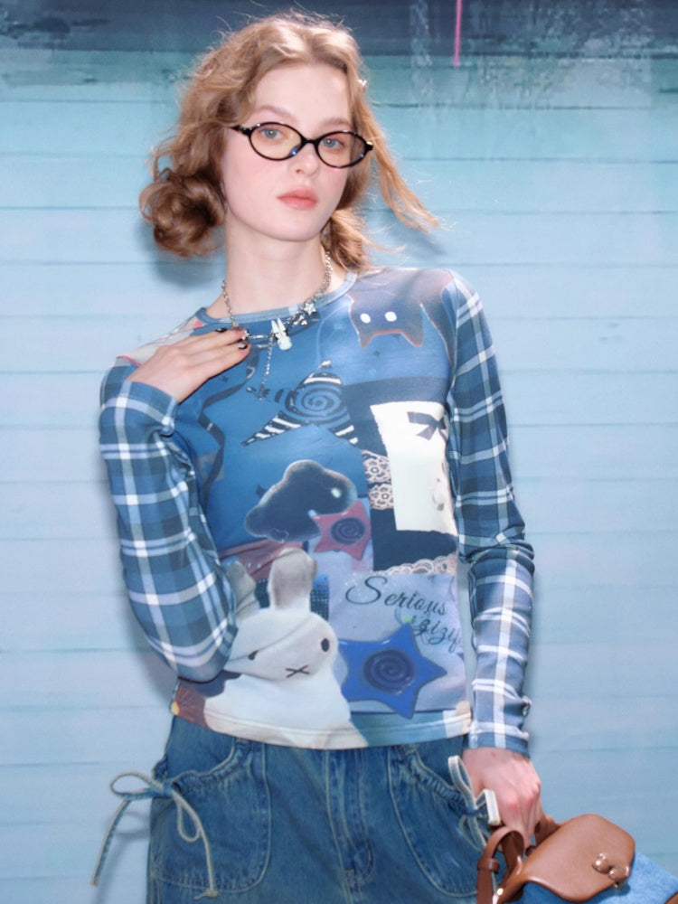 Animal Collage Print Glen Check Switch Slim Long Sleeved T-Shirt【s0000011752】