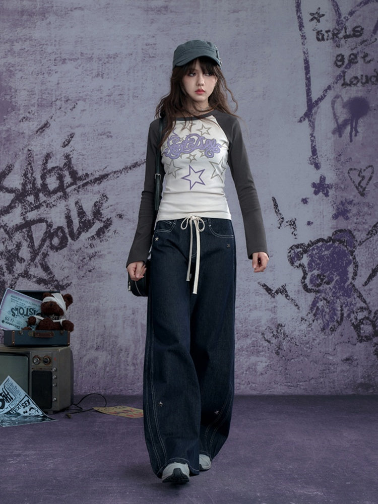 Star Print Raglan Shoulder Long Sleeve T-Shirt【s0000011929】