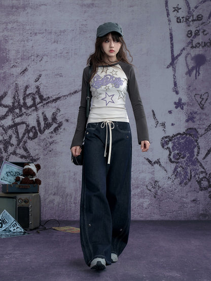 Star Print Raglan Shoulder Long Sleeve T-Shirt【s0000011929】
