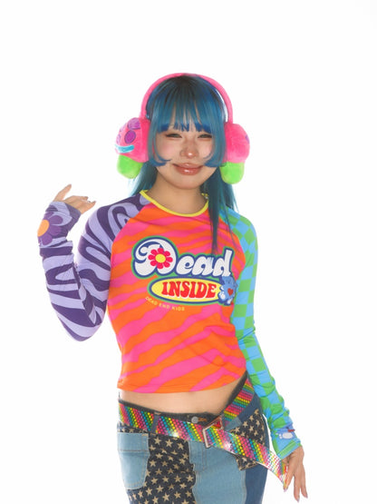 Y2K Dopamine Color Blocked Print Long sleeved T-Shirt【s0000011785】
