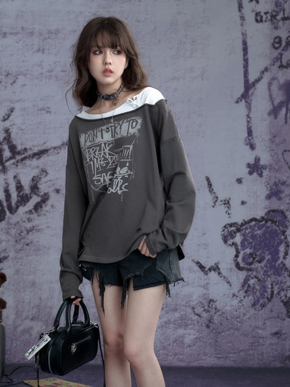 Distressed Hole Fake Two Long Sleeved Sweatshirt【s0000011923】