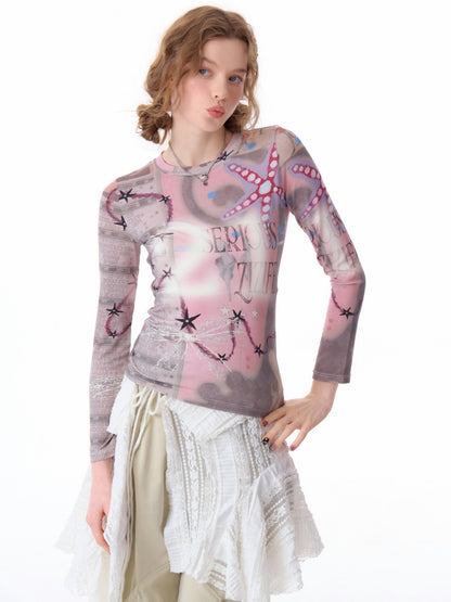 Star Digital Print Long Sleeve Numbering T-Shirt【s0000011760】