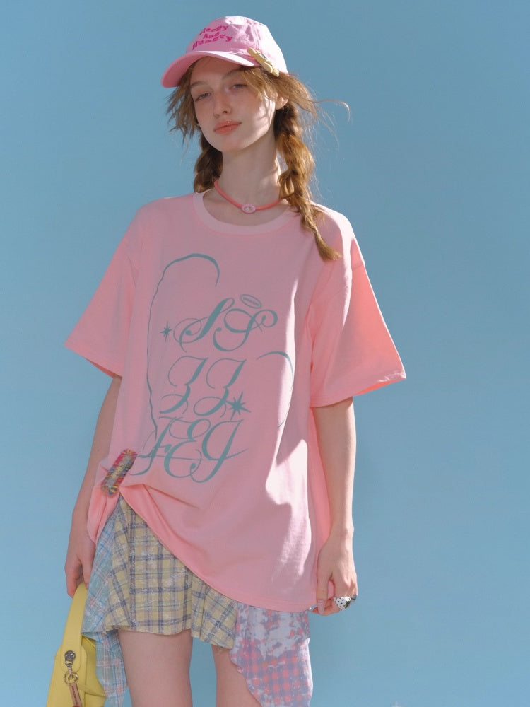 Letter Print Round Neck Loose Large Short Sleeve T-Shirt【s0000013009】
