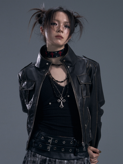 Punk Fake Leather Stand Collar Cropped  Riders Jacket【s0000011877】