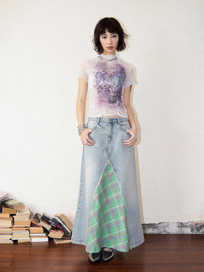 Front Slit Denim Checked A-Line Skirt【s0000011905】