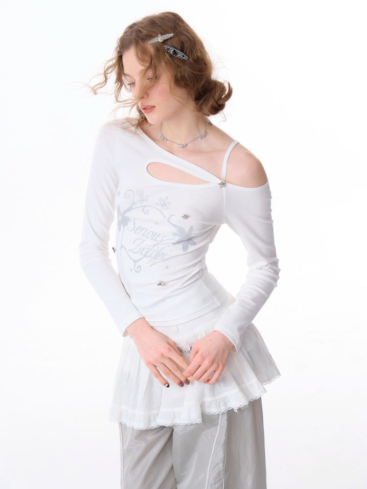 Cut Out Off Shoulder Irregular Neckline Long Sleeved T-Shirt【s0000011754】