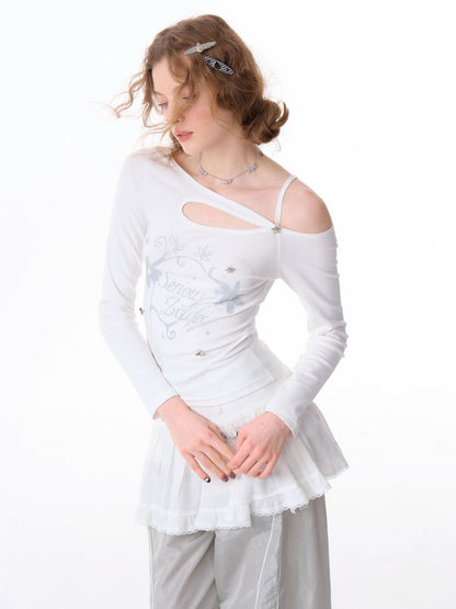 Cut Out Off Shoulder Irregular Neckline Long Sleeved T-Shirt【s0000011754】