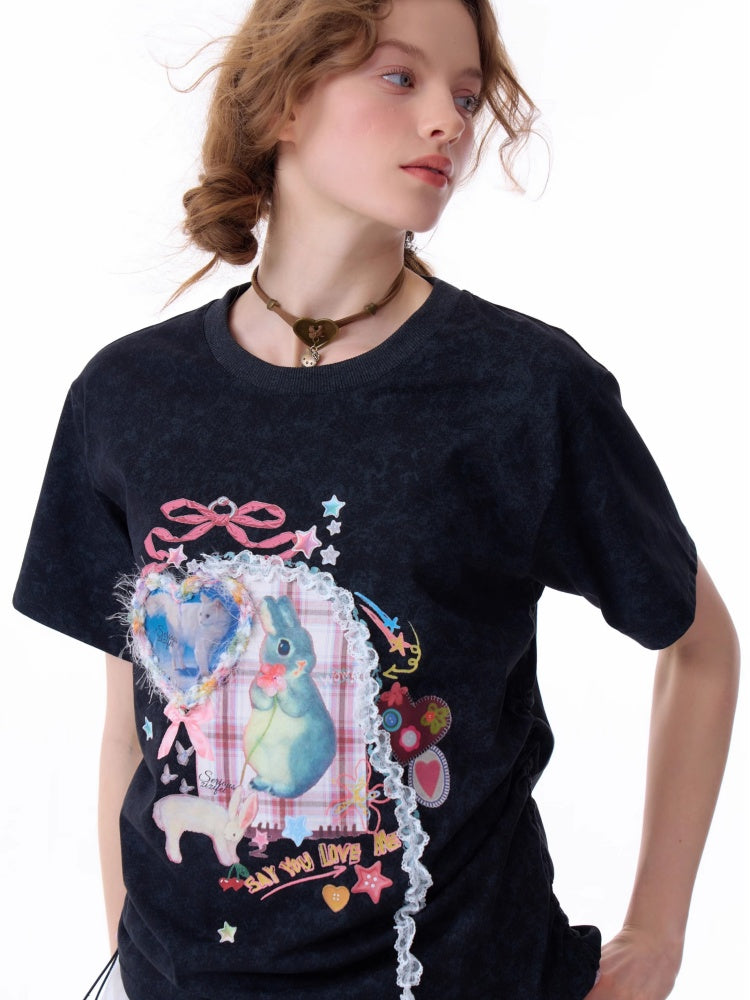 Rabbit Print Three Dimensional Lace Loose Crew Neck Short Sleeve T-Shirt【s0000011755】