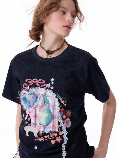 Rabbit Print Three Dimensional Lace Loose Crew Neck Short Sleeve T-Shirt【s0000011755】