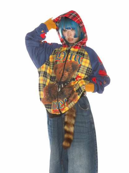 Punk Bear Panel Checked Pattern Raglan Sleeve Zip-Up Hoodie【s0000011791】
