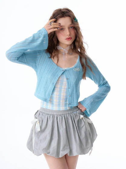 Rib Knitted Long Bell Sleeve Cropped Cardigan【s0000011758】