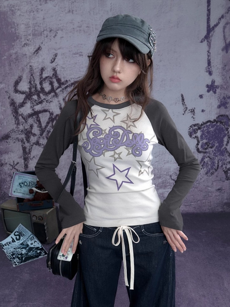 Star Print Raglan Shoulder Long Sleeve T-Shirt【s0000011929】