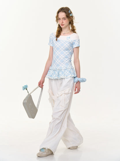 Ruffle Hem Faux Two Piece Bow Plaid Crew Neck Short Sleeve T-Shirt【s0000013004】