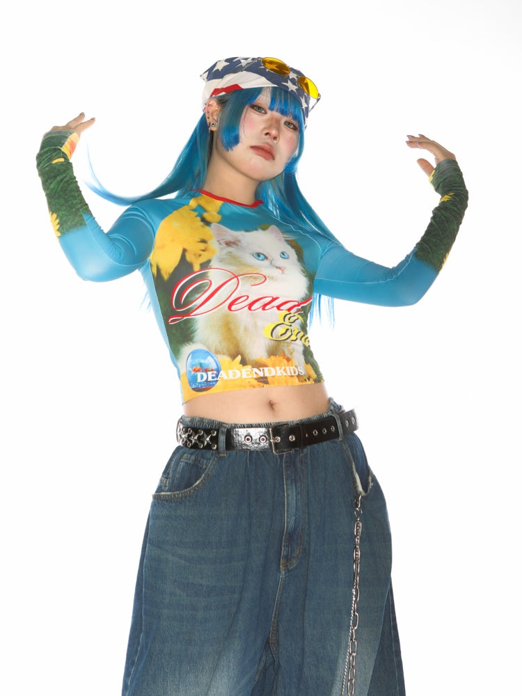 Cat Pattern Graphic Long sleeved Cropped T-Shirt【s0000011788】