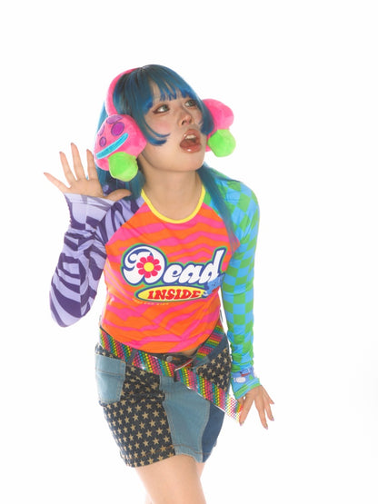 Y2K Dopamine Color Blocked Print Long sleeved T-Shirt【s0000011785】