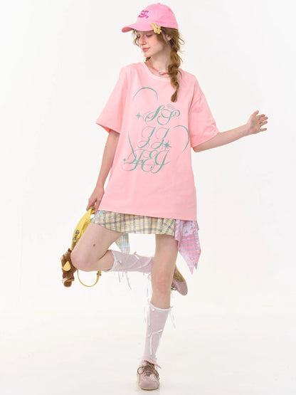 Letter Print Round Neck Loose Large Short Sleeve T-Shirt【s0000013009】