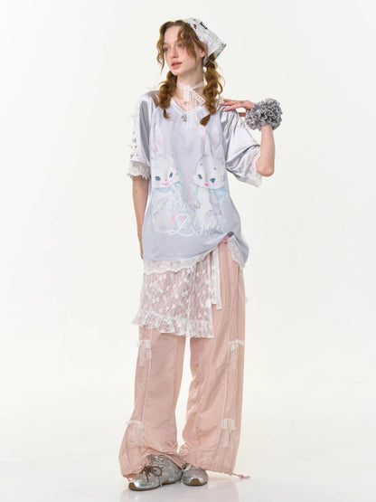 Lace Hem Rabbit Print V-Neck Loose Short Sleeve T-Shirt【s0000013010】