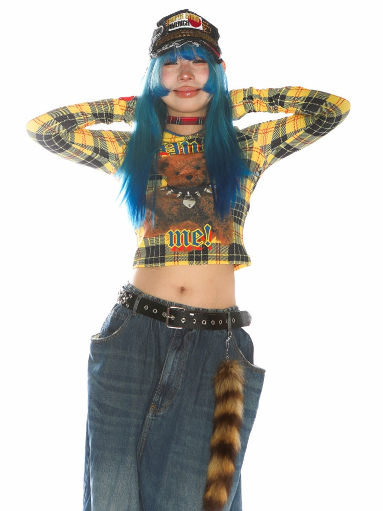 Teddy Bear Graphic Check Long Sleeve Cropped T-Shirt【s0000011777】