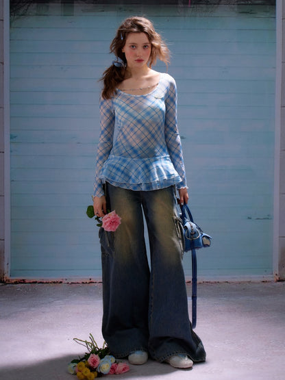 Semi Sheer Blue Plaid Hem Ruffles Long Sleeve T-Shirt【s0000011922】